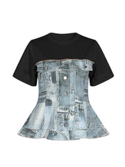 Casual Denim Print Patchwork Short Sleeve T-shirt