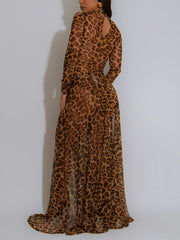 Sexy Leopard Print Sheer Bodysuit And Split Skirt Sets