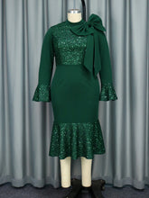 Turtleneck Bowknot Sequins Flared Cuff Slim Dress