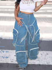 High Waist Denim Patchwork Straight Cargo Jeans