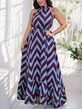 Sleeveless Wavy Striped Print Lace-up Maxi Dress