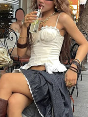 Lace Trim Pleated Spaghetti Strap Casual Tops