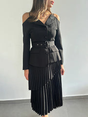 Trendy Off Shoulder Blazer Pleated Skirt Suit