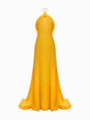 Elegant Sheer Mesh Ruffle Backless Halter Maxi Dress