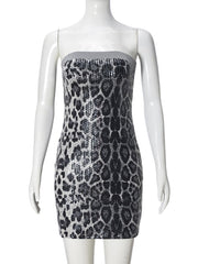 Sexy Leopard Print Sequin Bodycon Strapless Mini Dress