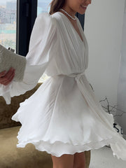 Elegant V Neck Bubble Sleeve Ruffled Mini Dress