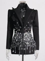 Lapel Rhinestone Faux Pearl Decor Zip Blazer Dress