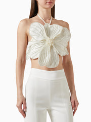 Sexy Lace-up Hand-beaded Floral Cropped Top