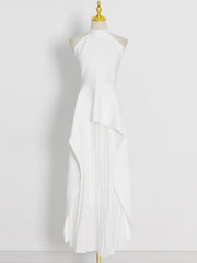 Sleeveless Stand Collar Ruffles Patchwork Pleated Dress