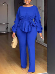 Casual Round Neck Cinched Waist Top and Pants Set