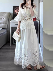 Elegant Lace Patchwork Hollow Top Long Skirt Sets