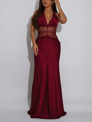 Sexy Lace Patchwork Halter Backless Maxi Dress