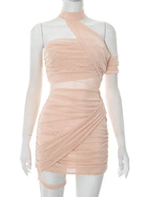 Halter Backless Mesh Pleated Party Bodycon Mini Dress