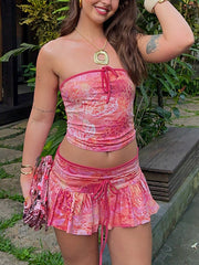 Strapless Print Bow Tube Tops Lace-Up Skirt Sets