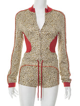 Casual Leopard Print Zipper Top Drawstring Shorts Sets