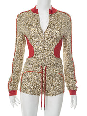 Casual Leopard Print Zipper Top Drawstring Shorts Sets