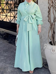 Elegant Turn-down Collar Striped Cinched Waist Dress