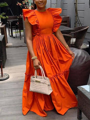 Ruffled Sleeveless A-Line Maxi Shirred Dress