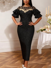 Lace Patchwork Ruffle Sleeve Jacquard Bodycon Mid Dress