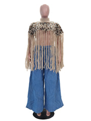 Sexy Leopard Print Spliced Tassel Cloak Top