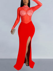 Rhinestone Sheer Mesh Patchwork Split Maxi Dress