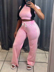 Casual Wash Cropped Hooded T Shirt and Pants Set