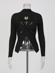 Sexy Hollow Out Twist Front Long Sleeve Knit Tops