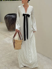Elegant V Neck Bow Polka Dot Print Loose Maxi Dress