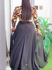 Elegant Leopard Print Patchwork Chiffon Maxi Dress
