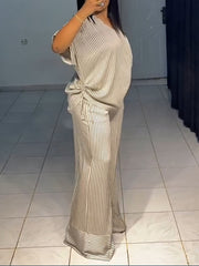 Fashion Stripe V-neck Shirt Wide Leg Pant 2 Piece Set