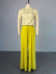Casual O Neck Love Heart T shirt Wide Leg Pants Set