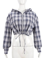 Plaid Drawstring Hooded Cropped Zipper Shirt