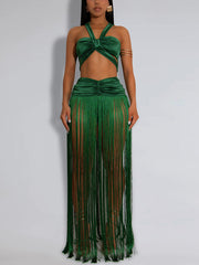 Sexy Crop Tube Top Fringe Maxi Skirt Two Piece Set