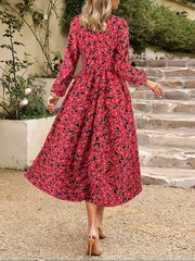 Elegant Floral Print V Neck High Waist Dress