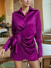 Fashion Pleated Satin Long Sleeve Shirt Mini Dress