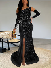 Sexy Off Shoulder Beading Slit Maxi Dress Gown