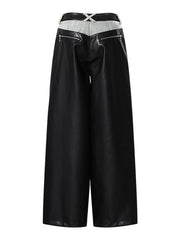 Denim Patchwork PU Leather Wide Leg Jeans