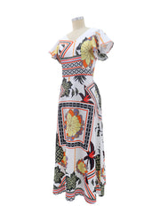 Casual V Neck Print Ruffle Sleeve High Waist Maxi Dress