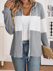 Casual Ribbed Knit Hooded Zip Cardigan