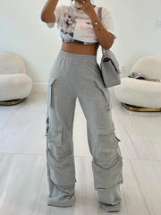 Casual Elastic Waist Multi-Pocket Loose Trousers