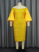 Elegant Off Shoulder Sequin Puff Sleeve Party Mid Dress