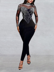 Sexy Rhinestones Sheer Bodycon Jumpsuits