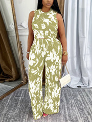 Round Neck Sleeveless Top Straight Pants Casual Set