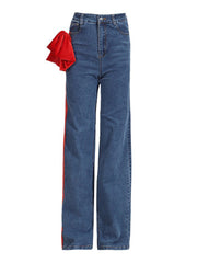 Fashion Contrast Side Bow High Waist Straight Jeans