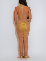 Sexy Sheer Mesh Rhinestones Bodycon Maxi Dress