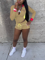 Casual Letter Embroidered Zipper Top Shorts 2 Piece Set
