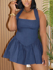 Sexy Halter Backless Denim Mini Dress