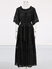 Elegant Embroidery Hollow Out Cinched Waist Maxi Dress