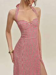 Elegant Plaid Halter Backless Vacation Slit Midi Dress