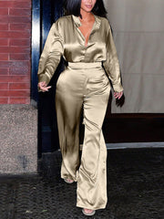 Fashion Turndown Collar Loose Pant Casual Two Piece Set